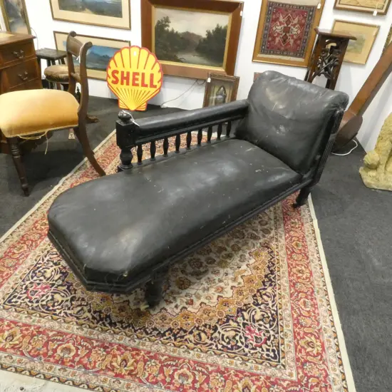 LATE VICTORIAN CHILDS? CHAISE BLACK VINYL UPHOLSTERY L.1450mm