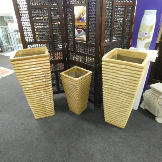 3 CERAMIC POTS; PAIR H.900mm 400mm sq + 1 H.515mm 290mm sq 