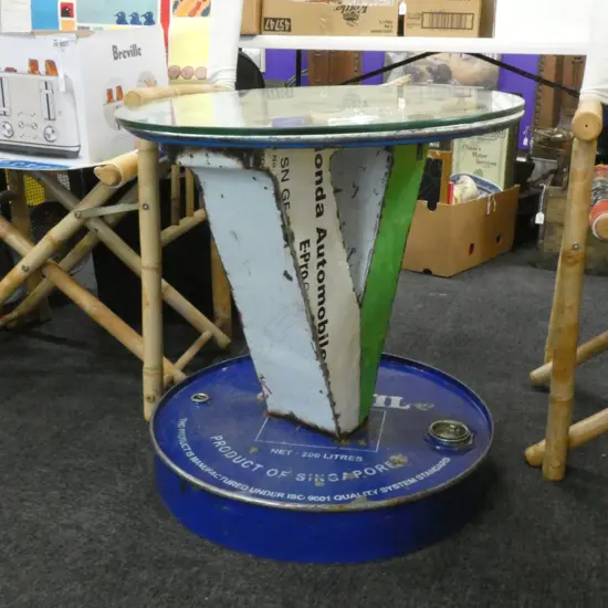 INDUSTRIAL DRUM TABLE GLASS TOP H.615mm 600mm dia