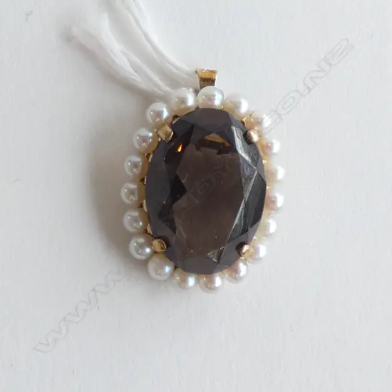 14CT GOLD SMOKY QUARTZ & PEARL PENDANT/BROOCH