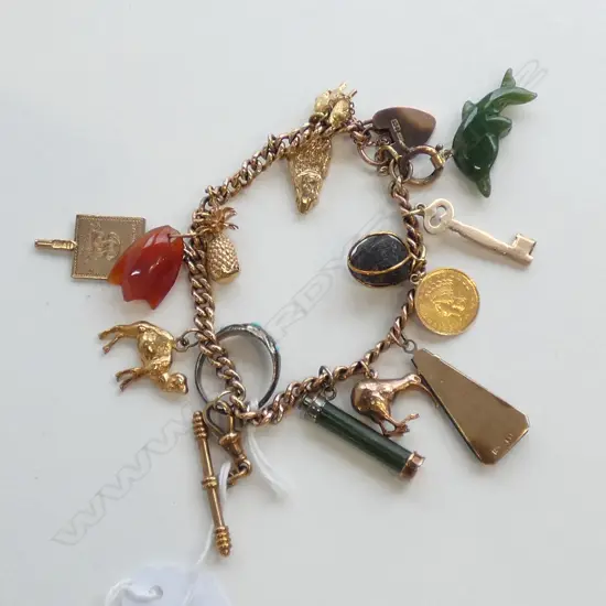 9CT GOLD CHARM BRACELET WITH 5 9CT CHARMS/1 10CT/2 14CT/2 18CT PLUS POUNAMU CARNELIAN ETC 61gm                        
