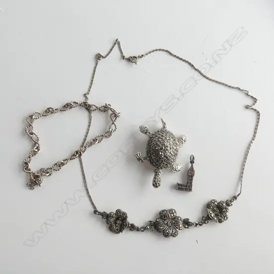SILVER BRACELET / MARCASITE NECKLACE &  TURTLE