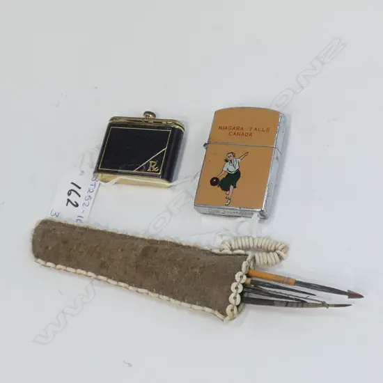 OLD NIAGARA FALLS CIGARETTE LIGHTER / SM OLD PILL BOX & OLD MINIATURE BOW WITH ARROWS IN POUCH 