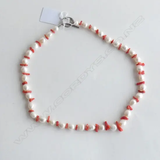 FRESHWATER PEARL & STICK CORAL NECKLACE - STG SILVER RING & BAR