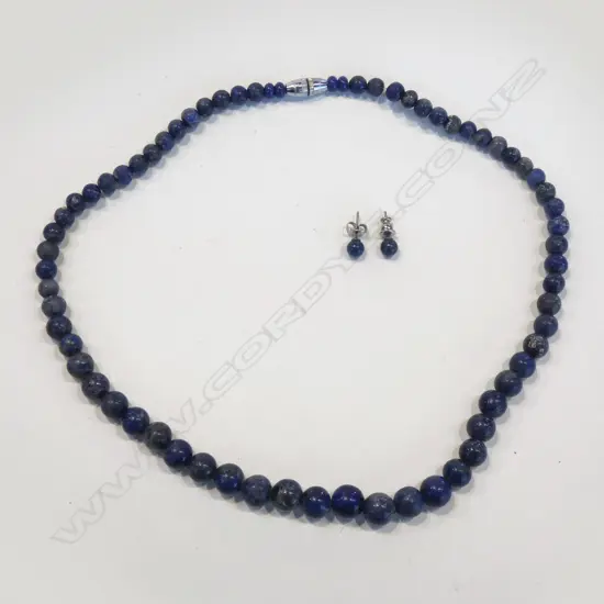 LAPIS LAZULI BEAD NECKLACE & PAIR STUD EARRINGS