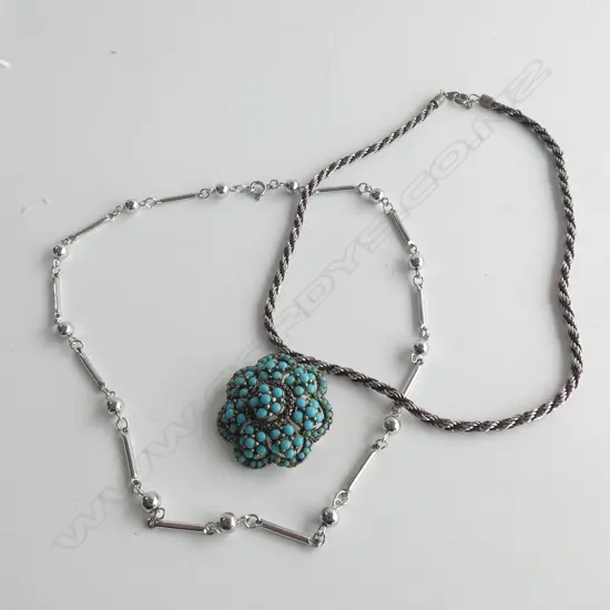 2 SILVER CHAINS & TURQUOISE BROOCH 