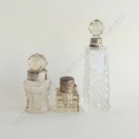 3 STG SILVER TOPPED BOTTLES; 2 SCENT BOTTLES (LARGEST H 170MM) & ONE INKWELL  (H 60MM)