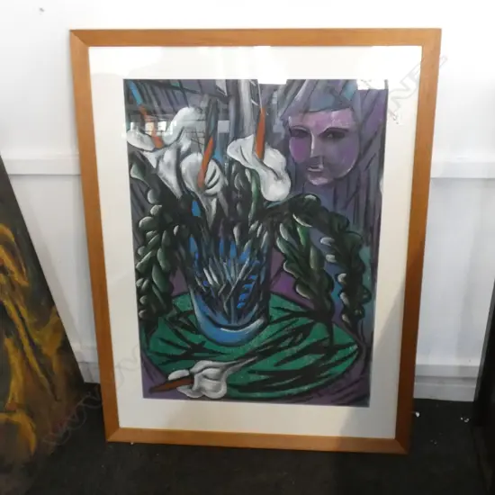 DEAN BUCHANAN - OIL ON PAPER UNTITLED (STILL LIFE W/ MASK & LILLIES' SGD & DATED 1987. WORK SIZE W. 605 X H. 840MM