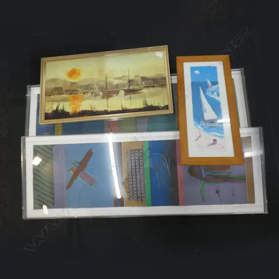 PR ABSTRACT ACRYLIC ON PAPER IN PERSPEX FRAMED (280 X 1000MM)  + OIL ON BOARD & PRINT