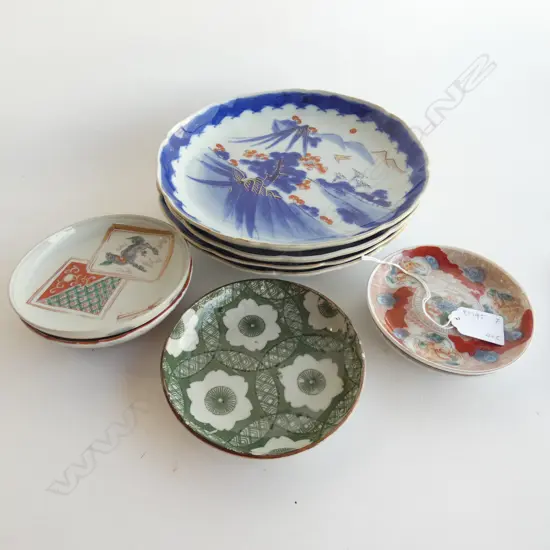 4 JAPANESE IMARI PLATES (210mm) & 5 ASST SMALL DISHES. SOME FAULTS