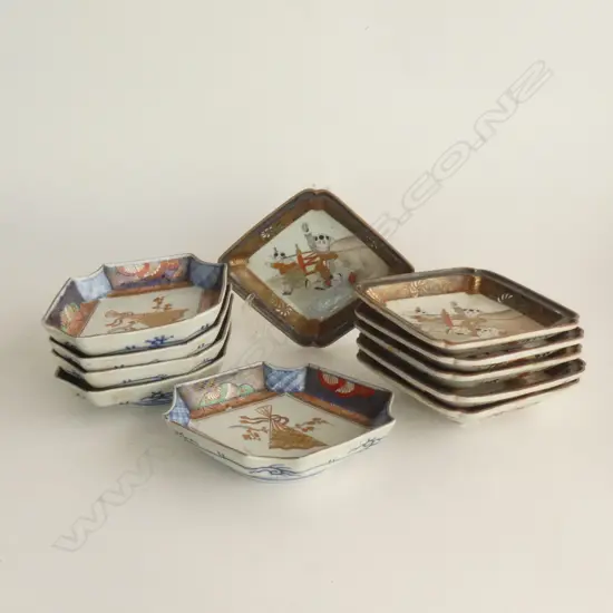 6 JAPANESE KUTANI DIAMOND SHAPE DISHES & 5 IMARI LOZENGE SHAPED DISHES (CHIP)