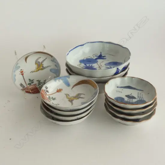 3 JAPANESE B/W BOWLS & 9 ASST SAUCE DISHES