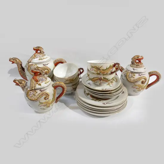 ORIENTAL DRAGON TEA SET 19PC INCL TRIOS, TEAPOT JUG & SUGAR BOWL 