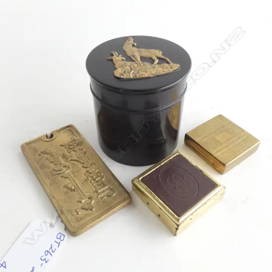 EBONY LIDDED BOX w BRASS DEER ON LID + ELIZABETH ARDEN COMPACT/PORTABLE ASHTRAY & BRASS HOTEL PLAQUE 