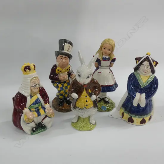 5 BESWICK ALICE SERIES FIGURINES; ALICE / MAD HATTER / WHITE RABBIT / KING & QUEEN OF HEARTS  (MAD HATTER A/F)