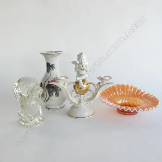 CHINESE VASE, GLASS BOWL, DOG PAPERWEIGHT, CHERUB CANDLEHOLDER