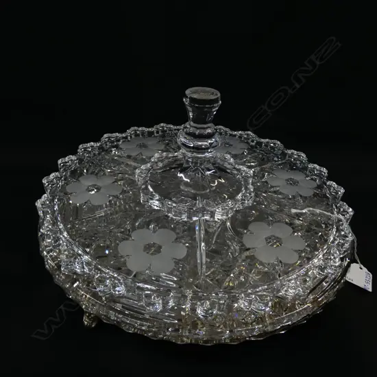 SILVER PLATE TRAY + 2 CUT GLASS CAKE PLATES, ONE W DETACHABLE STAND