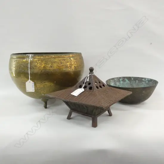 BRASS JARDINIERE (DIA 245MM) & BOWL (DIA 195MM) + CAST IRON TEMPLE INCENSE BURNER 