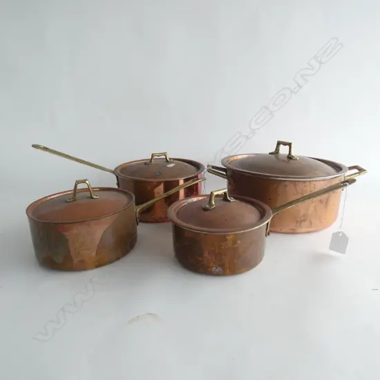 4 ASST VINTAGE COPPER PANS WITH LIDS - LARGEST DIA  220MM