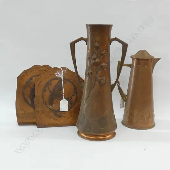 COPPER; ART NOUVEAU VASE (H300MM) & COFFEE OR HOT WATER POT (H 230MM) & BIRD BOOKENDS