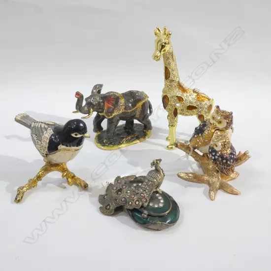 5 TRINKET BOX ANIMALS; ELEPHANT, OWLS, PEACOCK, GIRAFFE, BIRD