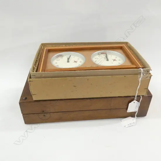 OLD WOODEN FOLDING CHECKERS BOARD & COUNTERS + CHESS CLOCK