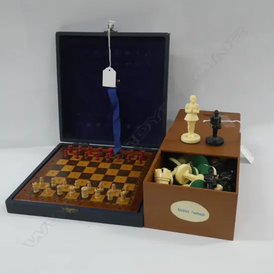 RESIN CHESS SET + TRAVELLING SET, BOTH BOXED
