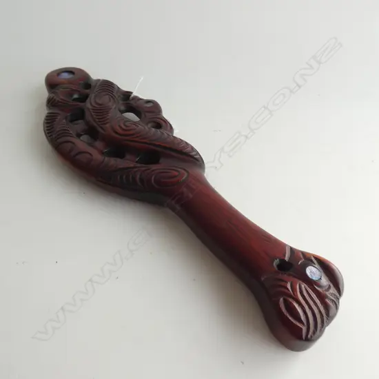 CONTEMPORARY NZ MAORI CARVED WOODEN PATU - INLAID PAUA SHELL L 415MM