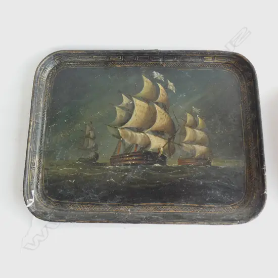 VICTORIAN PAPIER MACHE TRAY W MARITIME / SAILING SHIP SCENE  450 X 340MM