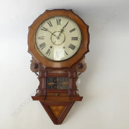 WALNUT CASED DROP DIAL WALL CLOCK w PENDULUM & KEY Dia.420mm,  H.780mm