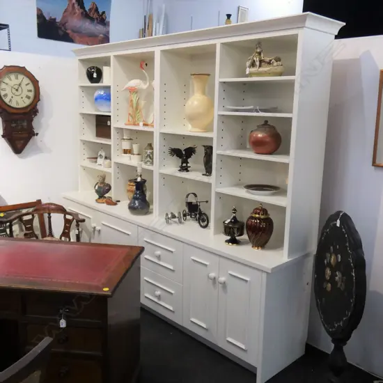 LG WHITE 2 PC UNIT W BOOK SHELVES & CUPBOARDS (L 2435 H 2070MM) COMES WITH OPT CORNER DESK