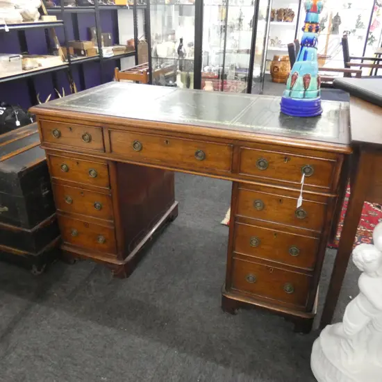 VICTORIAN DOUBLE PEDESTAL DESK, GREEN LEATHER TOP...