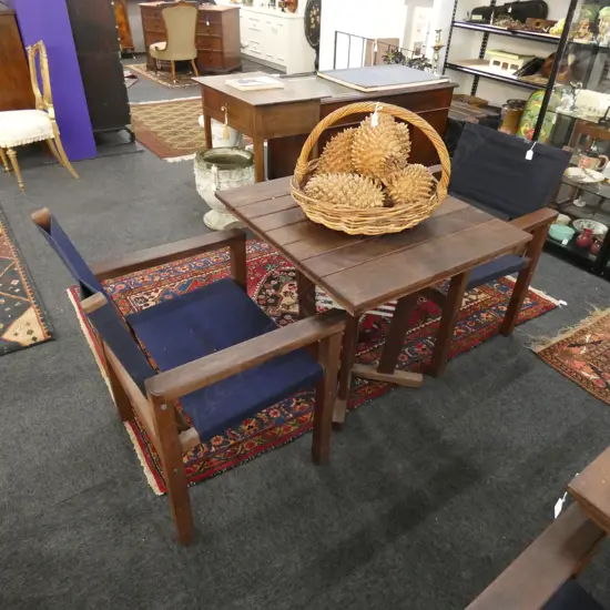 DEVON HARDWOOD OUTDOOR TABLE (760 X 700MM) & 2 BLUE CANVAS CHAIRS