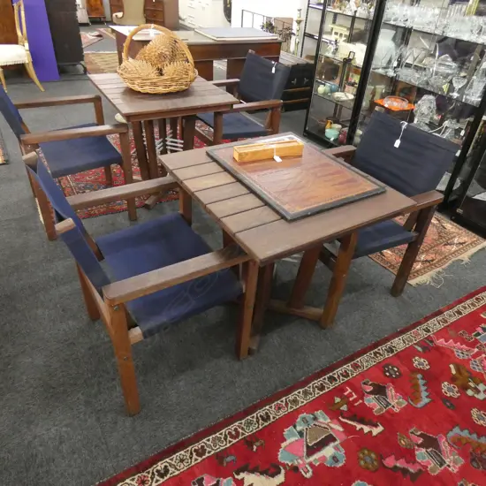 DEVON HARDWOOD OUTDOOR TABLE (760 X 700MM)  & 2 BLUE CANVAS CHAIRS 