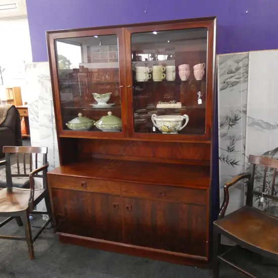 LG MID CENTURY STYLE ROSEWOOD DISPLAY CABINET - GLASS FRONT CUPBOARDS W LIGHTING AT TOP 1350 X 1850MM