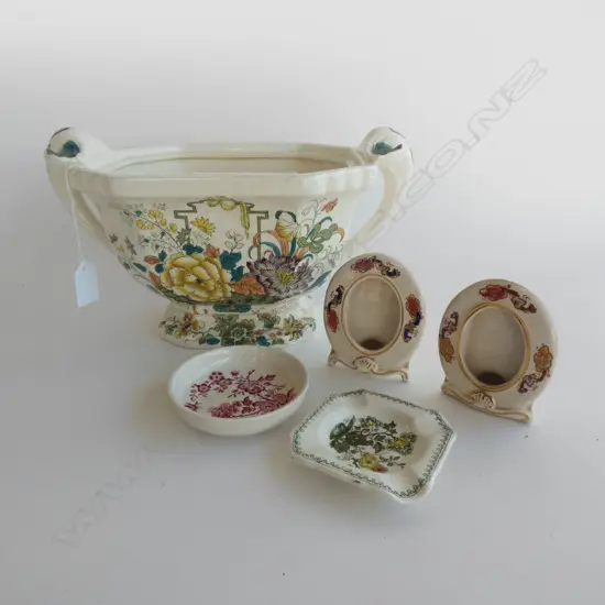 4 MASONS PCS; GREEN STRATHMORE TUREEN (L 230MM) + 2 SM DISHES  + PHOTO FRAMES (100X85MM)