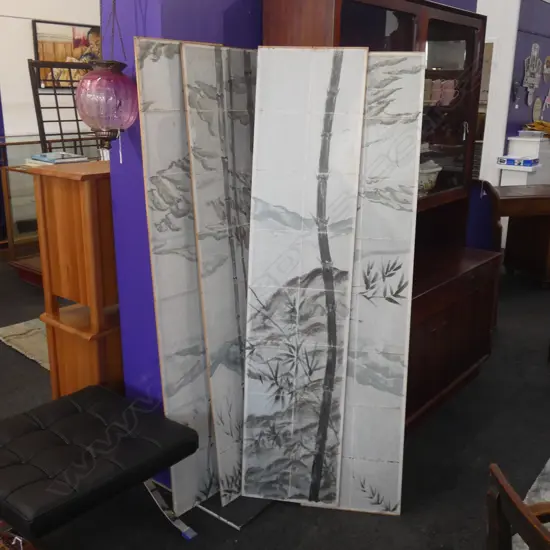 4 VINTAGE JAPANESE HAND PAINTED  PAPER PANELS  FEATURING BAMBOO  