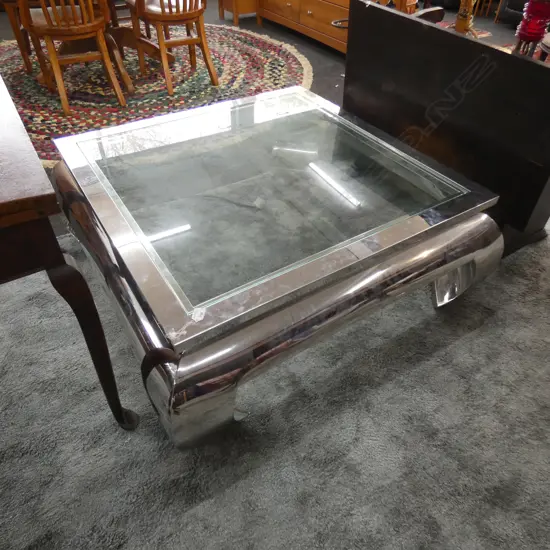 CONTEMPORARY CHROME ORIENTAL STYLE SQUARE COFFEE TABLE GLASS TOP 1100mm sq
