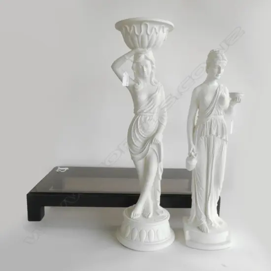 2 FINE CAST RESIN CLASSICAL STATUETTES H590mm ON GLASS TOPPED STAND