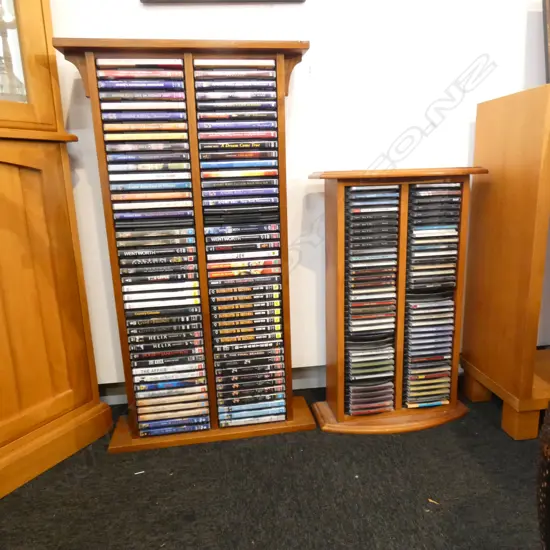 2 WOODEN CABINETS; DVDS & CDS