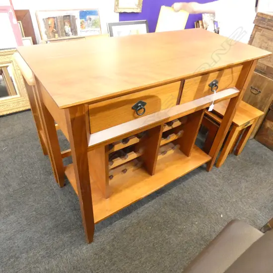 STAINED PINE SIDE TABLE w. WINE RACKS 1030x470x860mm