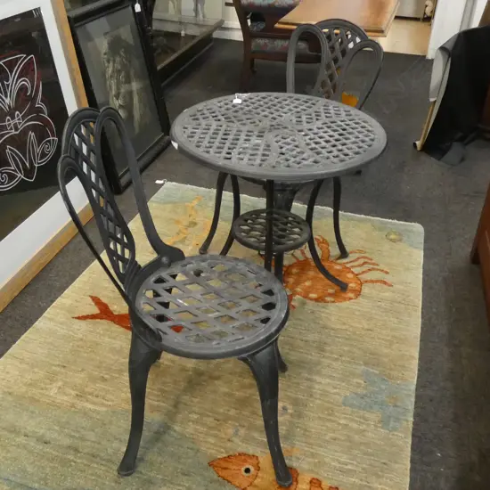 3 PC BLACK METAL PATIO SET; ROUND TABLE (DIA 600MM) + 2 CHAIRS