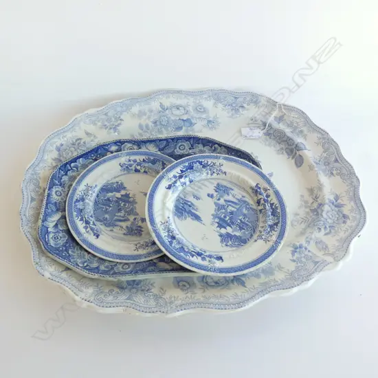 ANTIQUE BLUE & WHITE CHINA; LG ASHET MEAT PLATE (L 500MM) + SM ASHET & 2 PLATES 