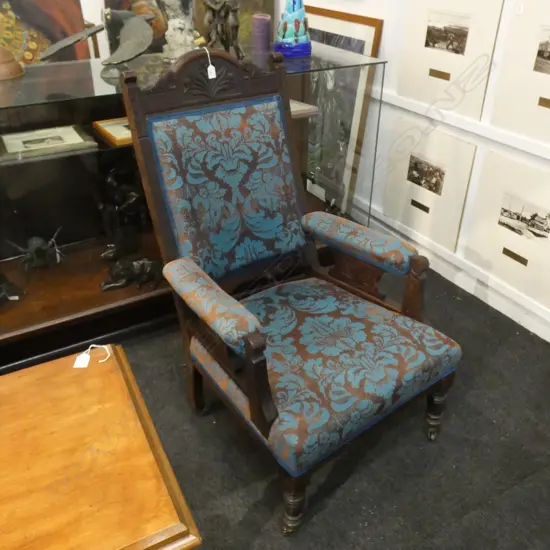UPHOLSTERED EDWARDIAN GRANDFATHER CHAIR...