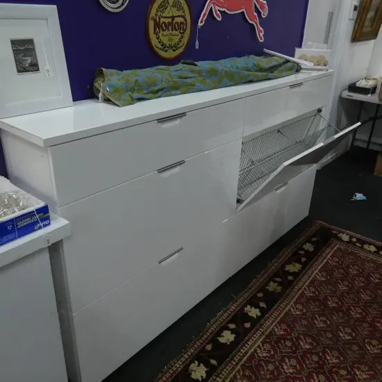 LG CONTEMPORARY WHITE LACQUER CABINET - 2 DRAWERS & 4 PULL DOWN SHOE RACKS L 2000 H 1070MM