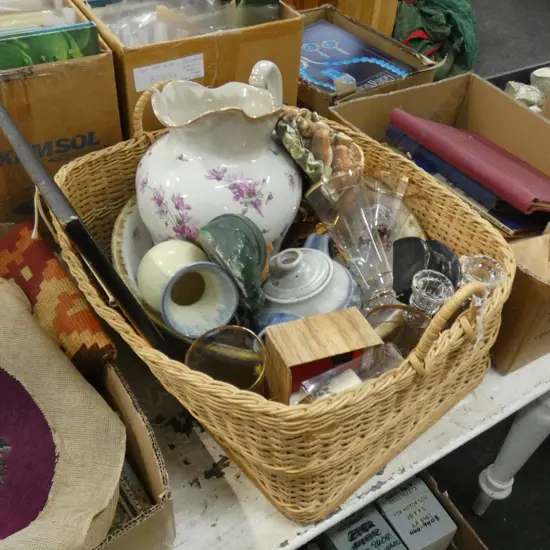 BOX LOT BASKET, WASH JUG & BOWL, BOSSONS ETC
