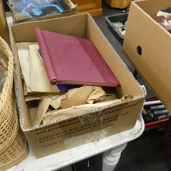 BOX LOT ASST. STAMPS + 2 EMPTY ALBUMS