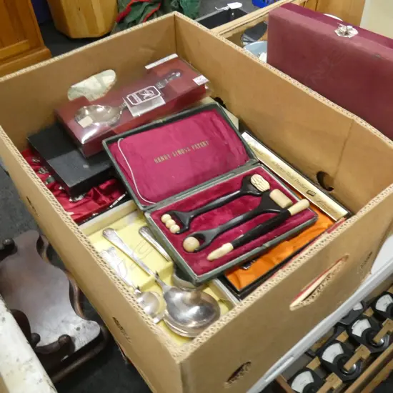 BOX LOT ASST. CASED CUTLERY + FACIAL ROLLER SET