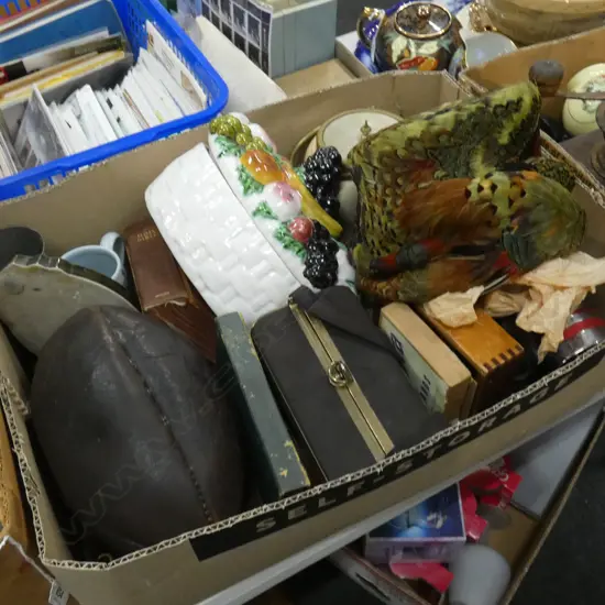 BOX LOT ASST; BISCUIT BARREL, RUGBY BALL, SODA SYPHON, PHEASANT HAT ETC