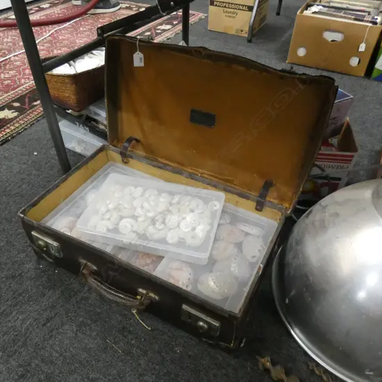 OLD LEATHER SUITCASE w. ASST. SHELLS
